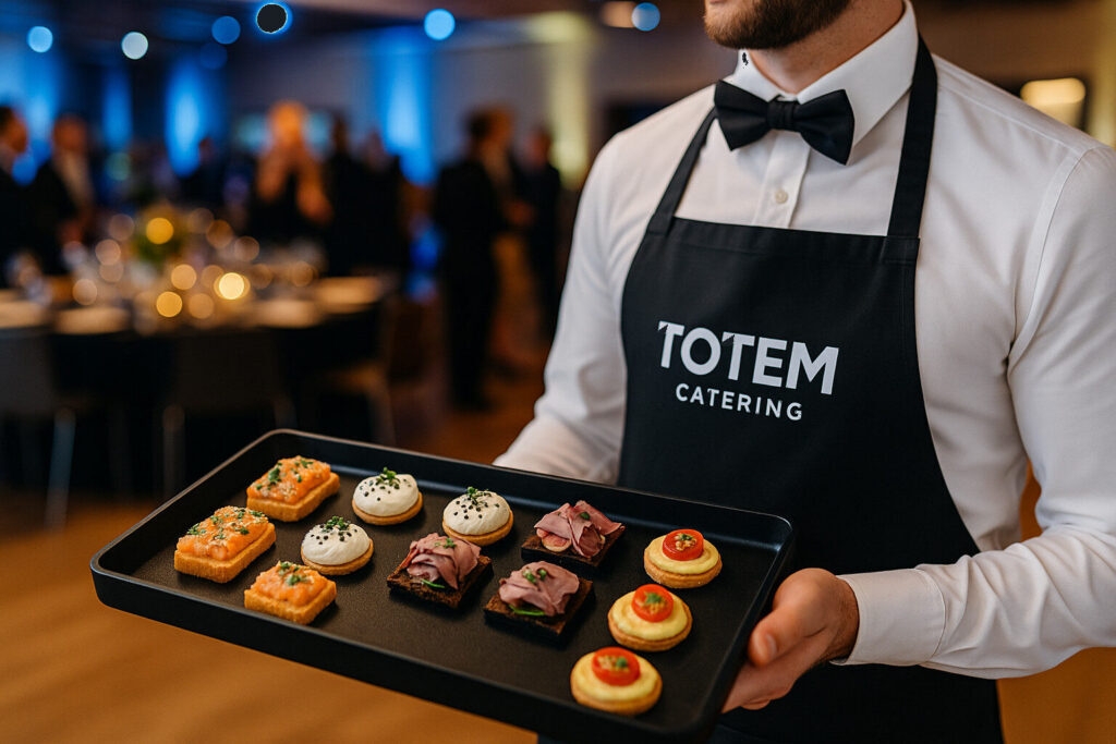 Cameriere elegante con grembiule nero e logo Totem Plaza Catering, che porta un vassoio di finger food