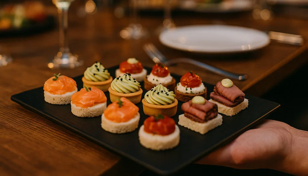 Assortimento di finger food gourmet su un vassoio nero elegante